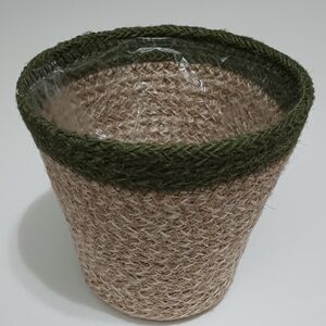 Natural Woven Jute Planter with Green Trim